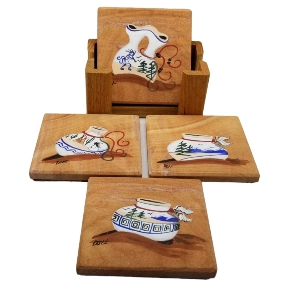 Drink Beverage Coasters Hand Painted Wood Holder Native American Southwest Set 4 - Picture 2 of 11